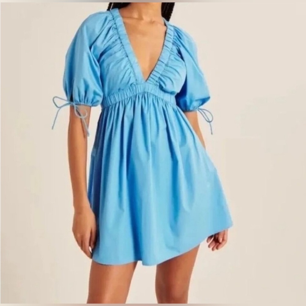 Abercrombie & Fitch Deep V-Neck Poplin Puff Sleeve Mini Dress Blue Size LP